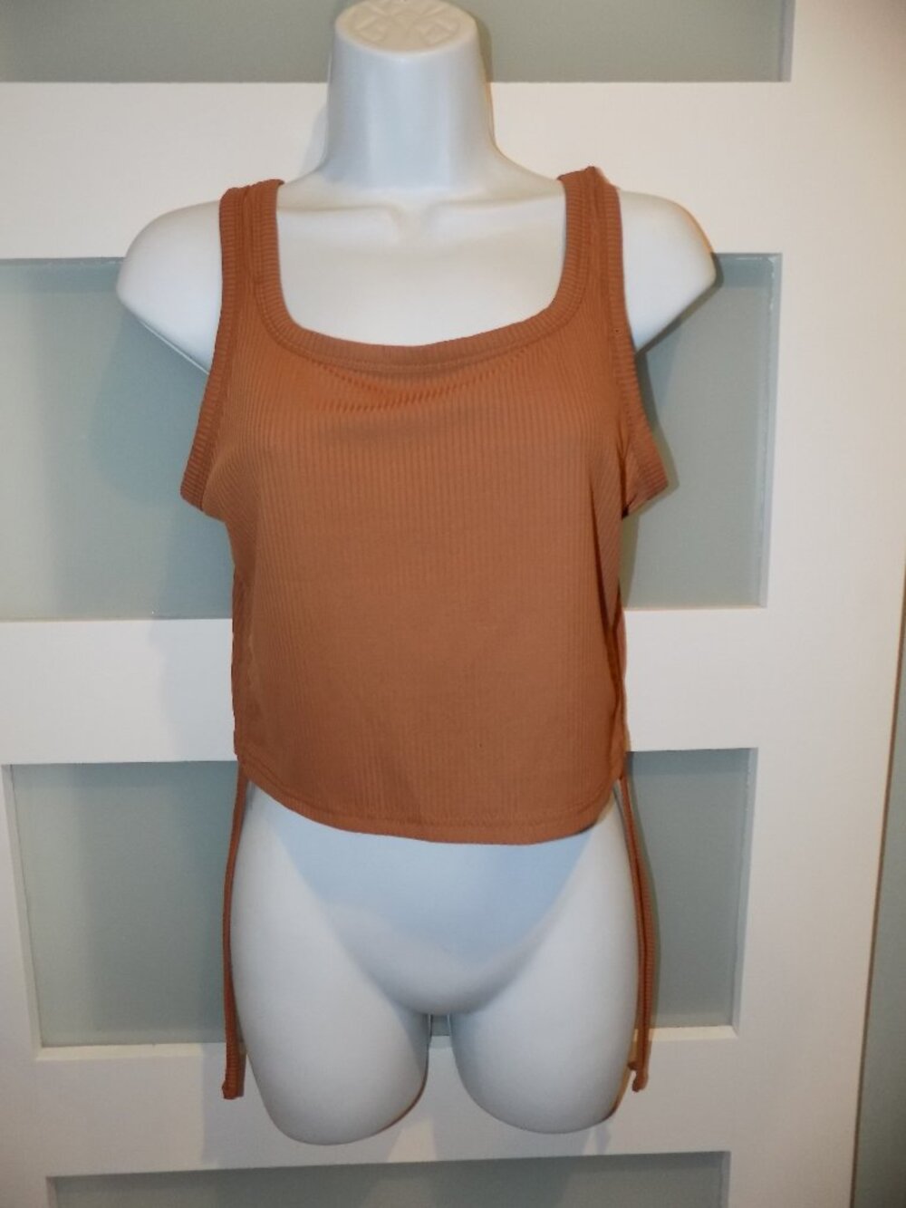 Shein Brown Ribbed Drawstring Ruched Side Ties Cropped Tank Top Size L Women's
